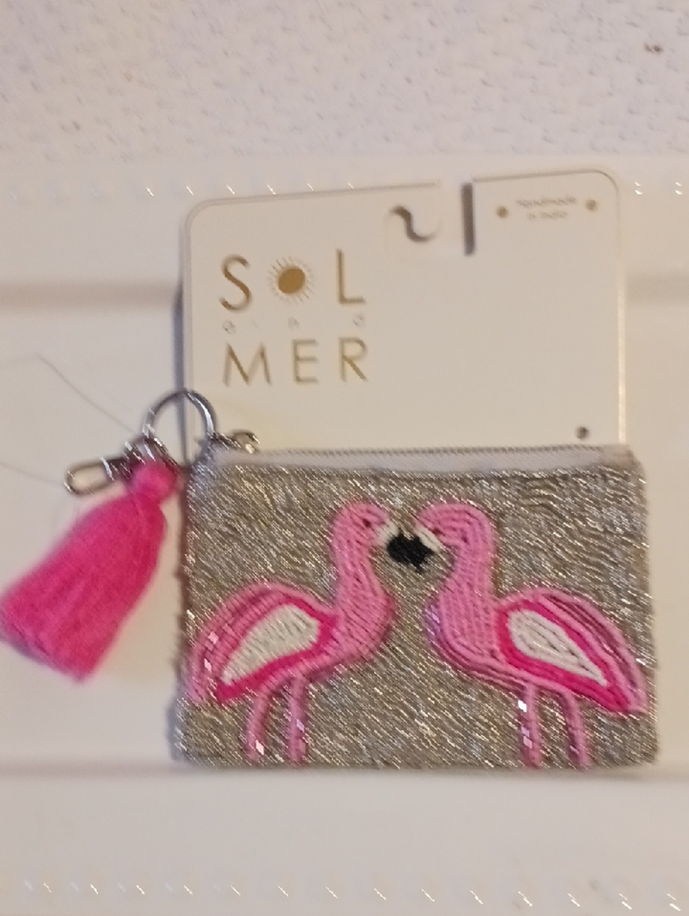 Gorgeous! Pink Flamingo Silver Glitter Card Pouch with Tassel 🦩🦩🦩🦩🦩